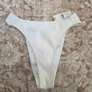 Pacsun Ribbed High Cut Thong Bikini Bottom White Ruched Swim‎ XS